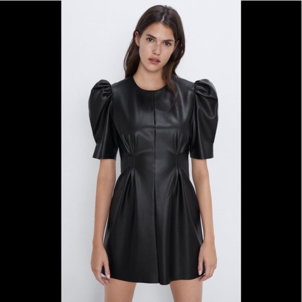 Zara Leather Puff-Sleeve Dress